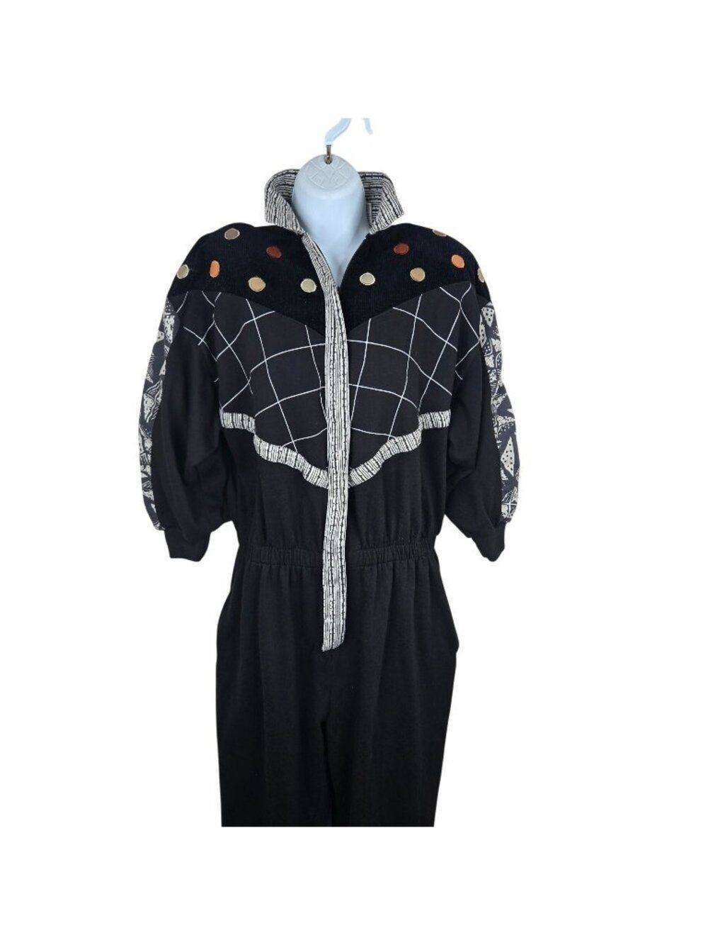 Vintage 80s Black Jumpsuit Geometric Elastic Waist Womens M Zip Front
